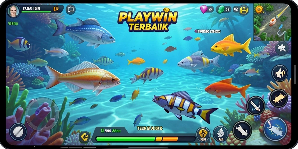 Screenshot utama PLAYWIN menampilkan gameplay Tembak Ikan yang seru.