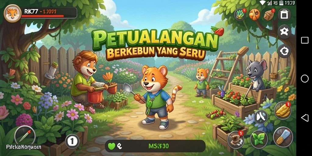 Tampilan gameplay RK77 yang menarik dan penuh warna dalam berkebun.