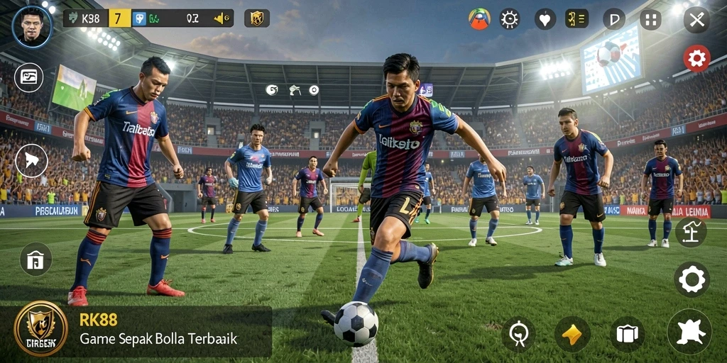 Gameplay RK88 yang menegangkan dengan aksi sepak bola penuh semangat.