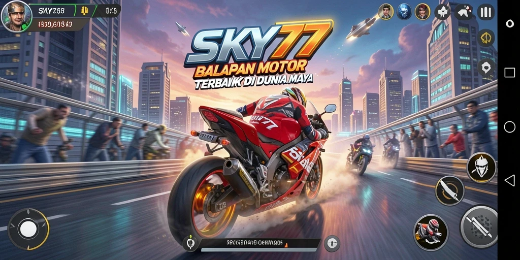 Tampilan gameplay balap motor yang mendebarkan di SKY77.