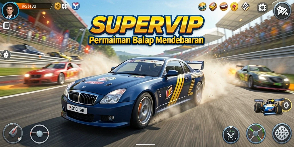 Screenshot gameplay SUPERVIP menampilkan aksi balap yang intens.